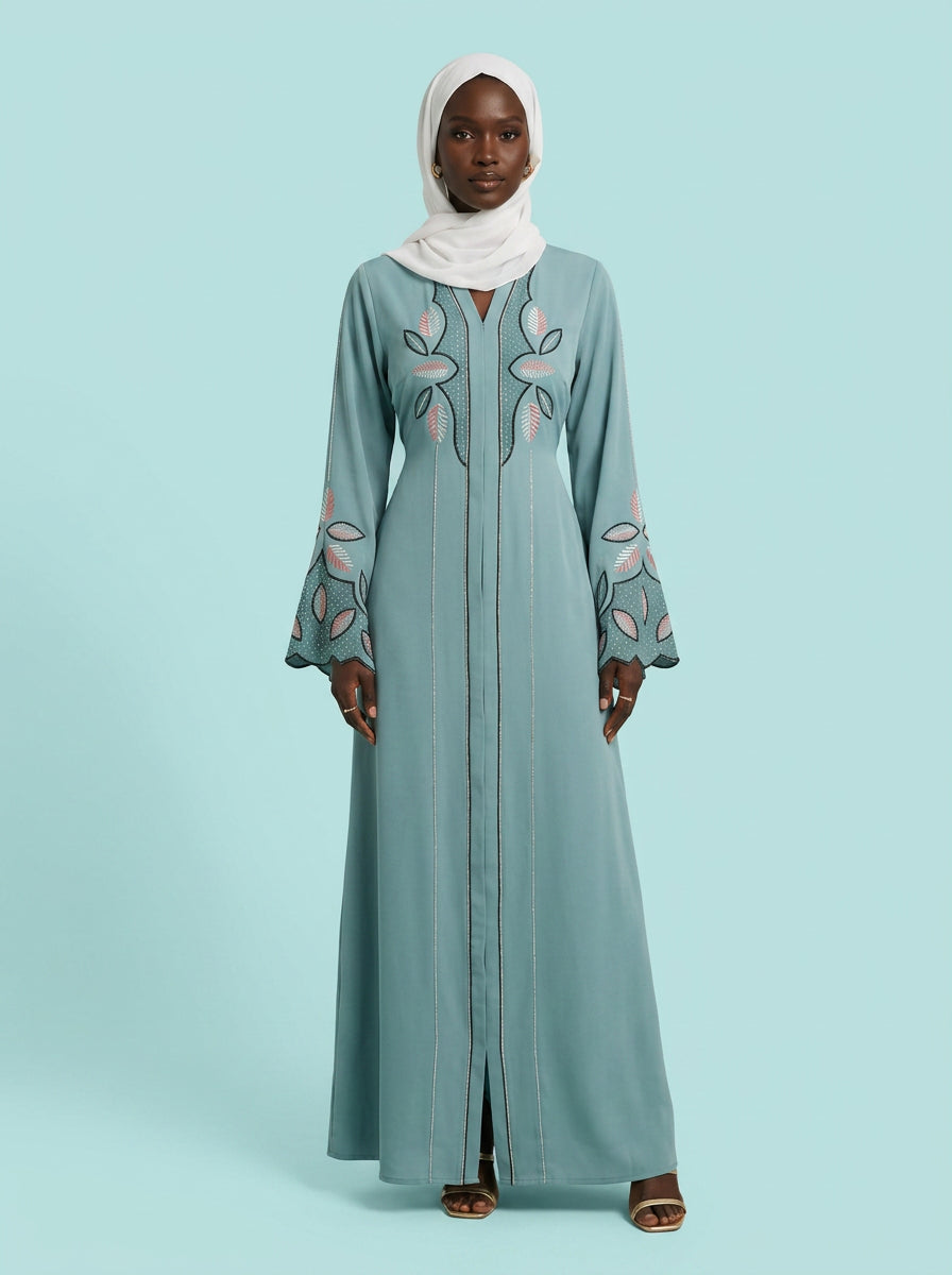 Aisha Aqua Foliage Abaya on model