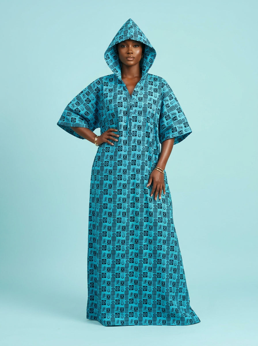 Ankara Bubu Gown with Hoodie on model