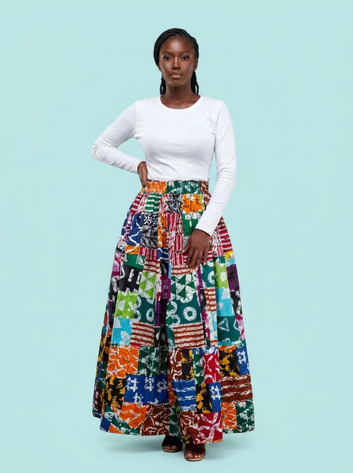 Ankara Patchwork Maxi Skirt on model