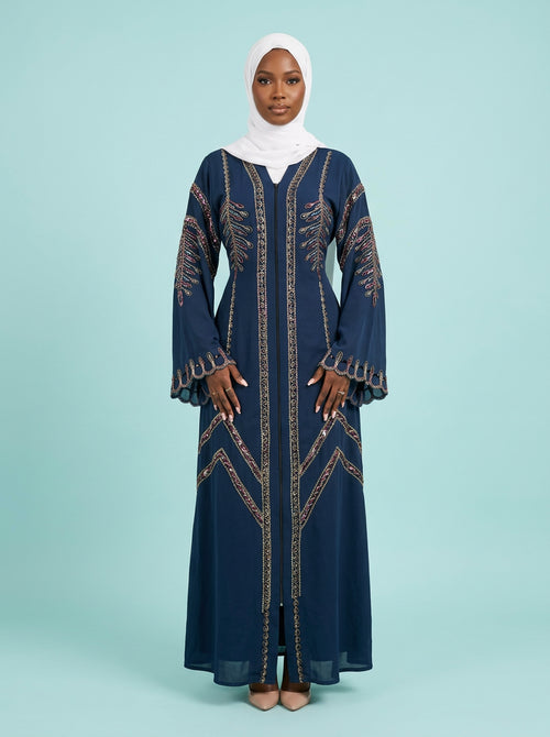 Asma Sapphire Shimmer Abaya on model