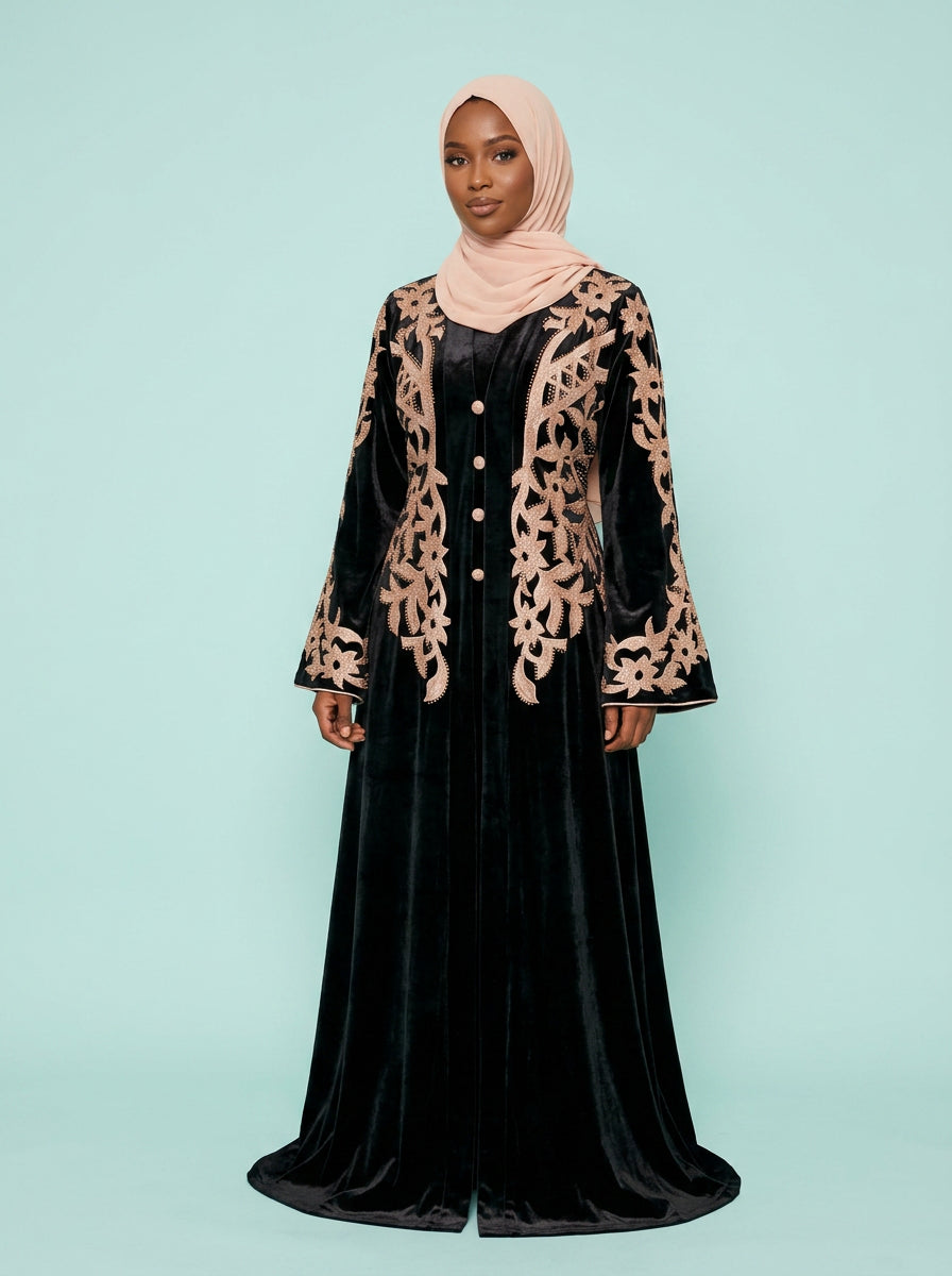 Bilqis Noir Velvet Abaya on model