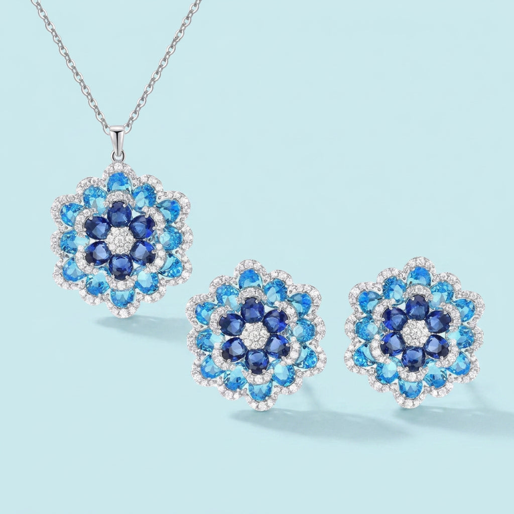 Blue cubic zirconia flower necklace and earrings 2-piece set