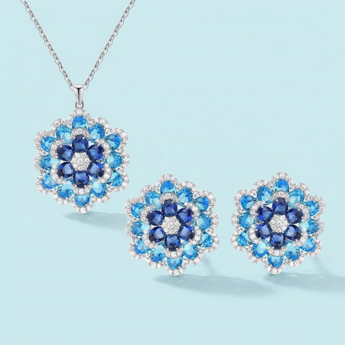 Blue cubic zirconia flower necklace and earrings 2-piece set