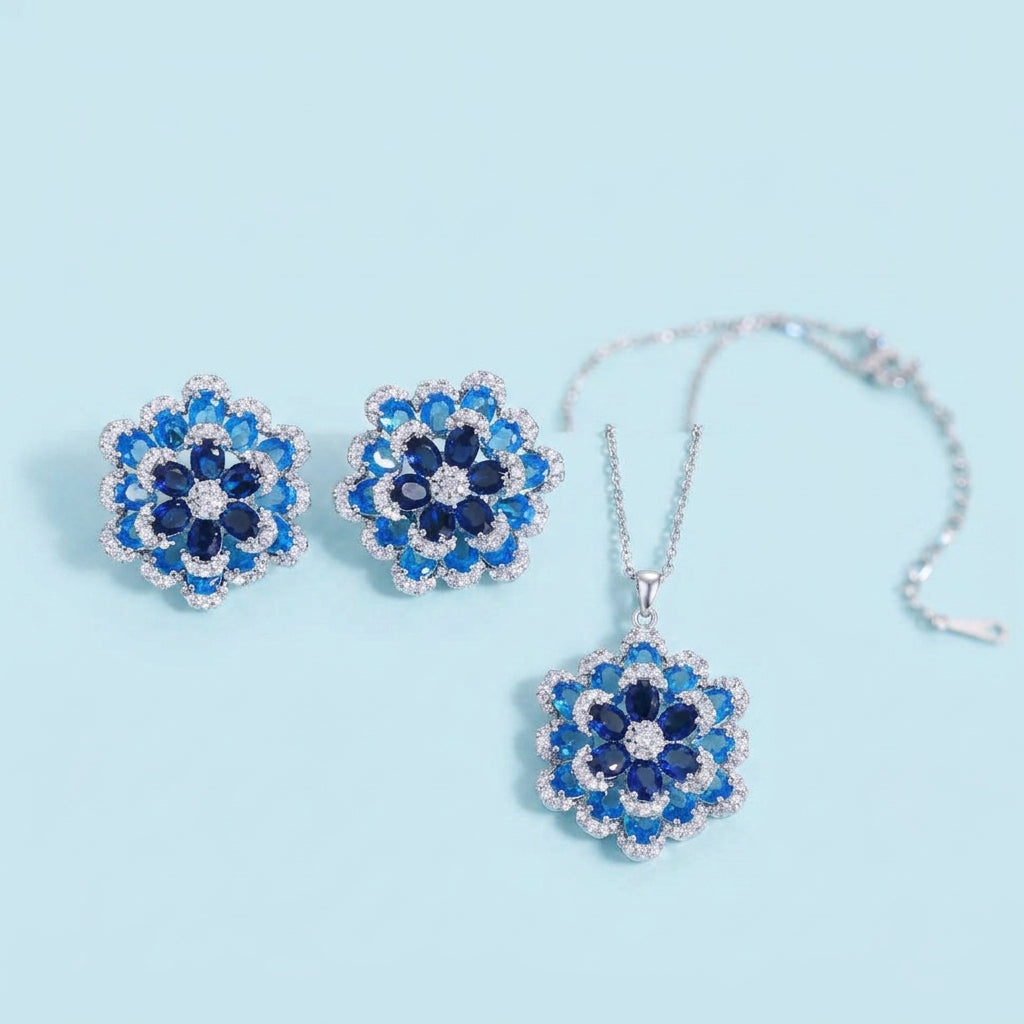 Blue CZ flower set close-up