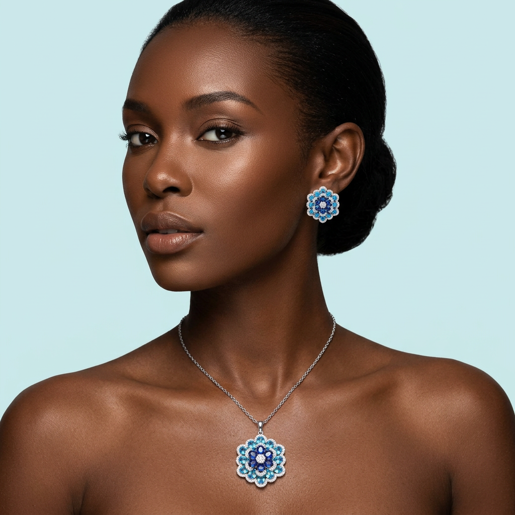 Model wearing blue sapphire CZ flower necklace and earrings set
