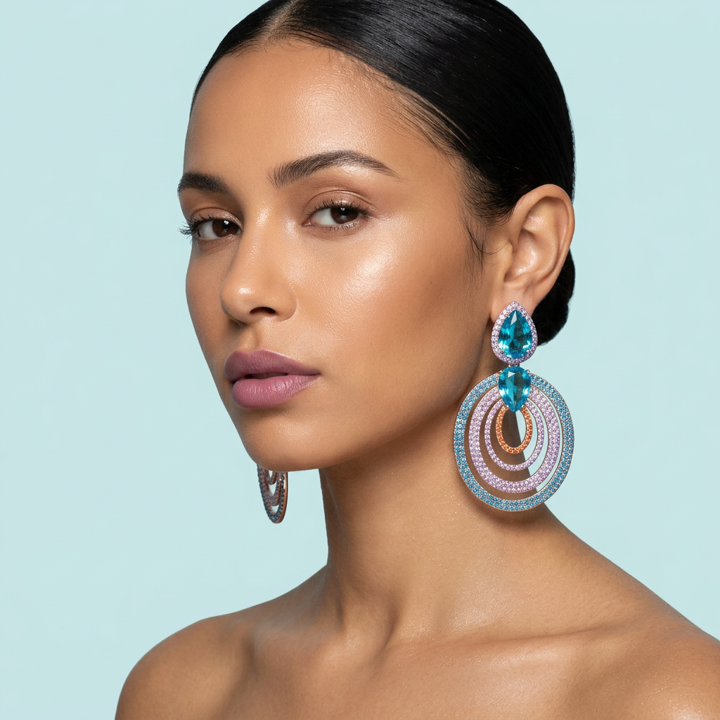 Model wearing rose gold light blue CZ luxury dangle drop earrings
