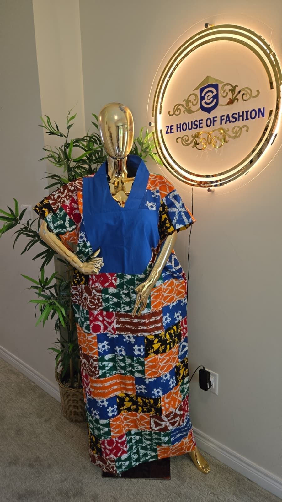 Cobalt Yoke Patchwork Bubu Gown studio shot