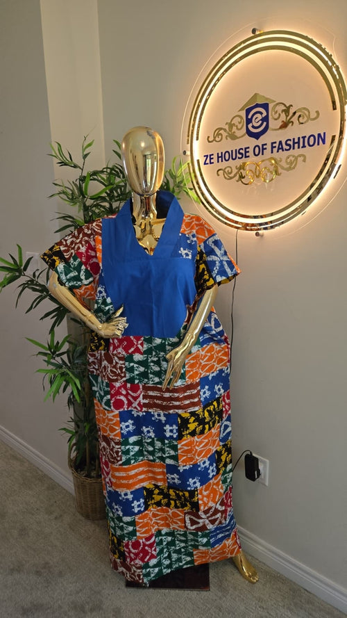 Cobalt Yoke Patchwork Bubu Gown studio shot