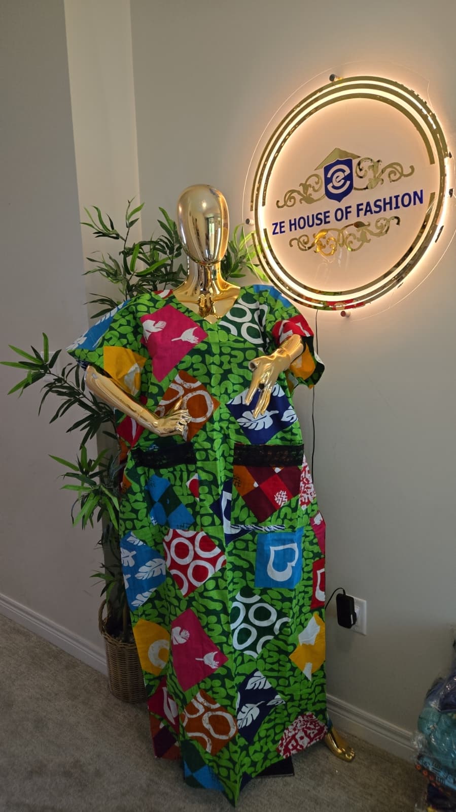 Emerald Kaleidoscope Patchwork Bubu Gown studio shot