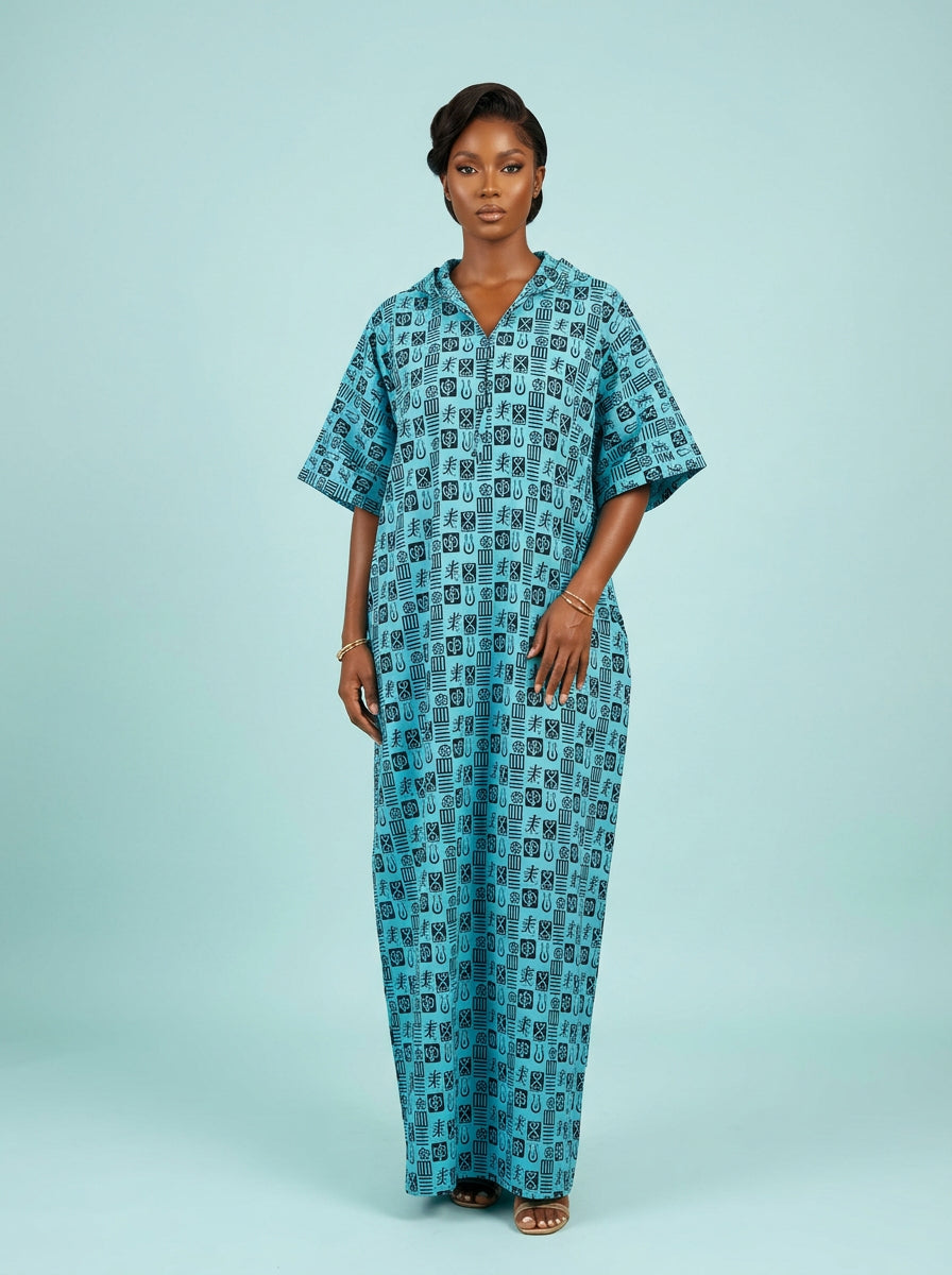Ankara hoodie bubu gown on model with hood down