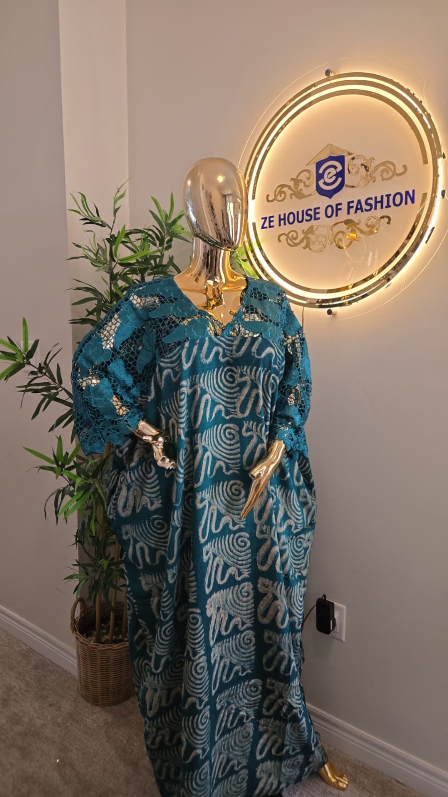 Teal Swirl Adire Lace Bubu Gown