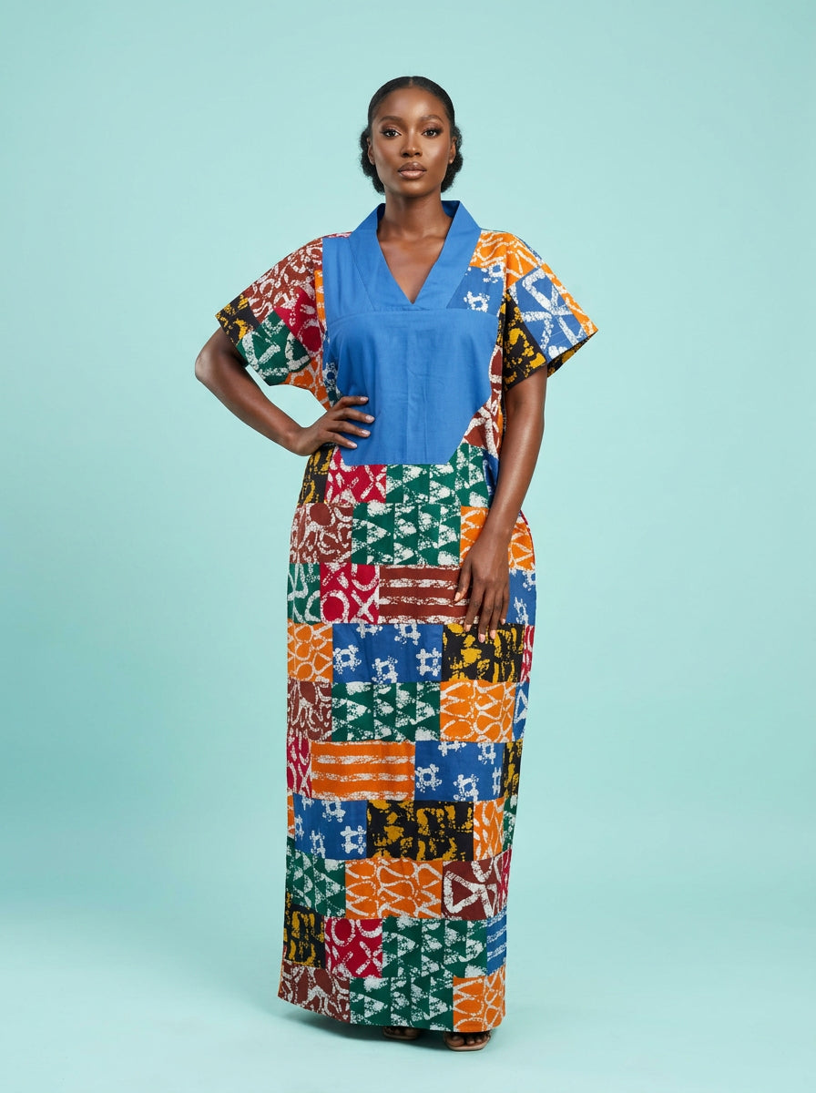 Cobalt Yoke Patchwork Bubu Gown on model