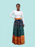 Crepe Adire Patchwork Maxi Skirt on model