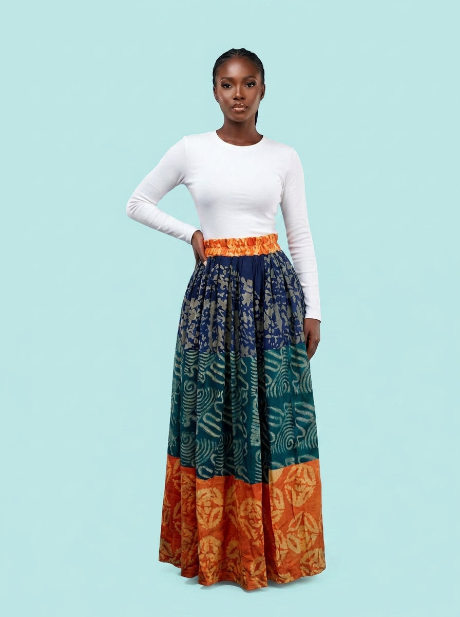 Crepe Adire Patchwork Maxi Skirt on model