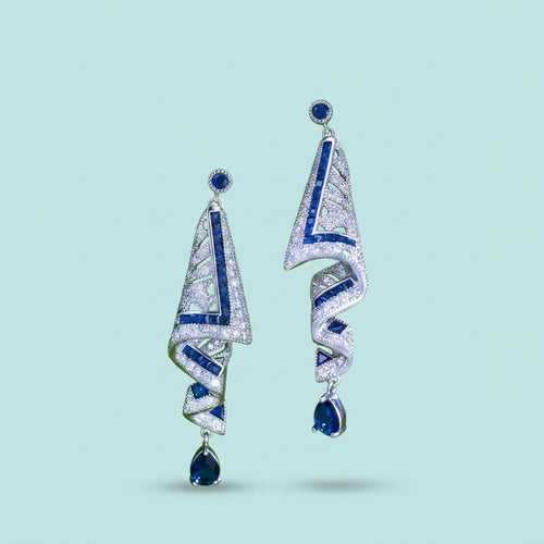 Blue Cubic Zirconia Luxury Long Dangle Earrings