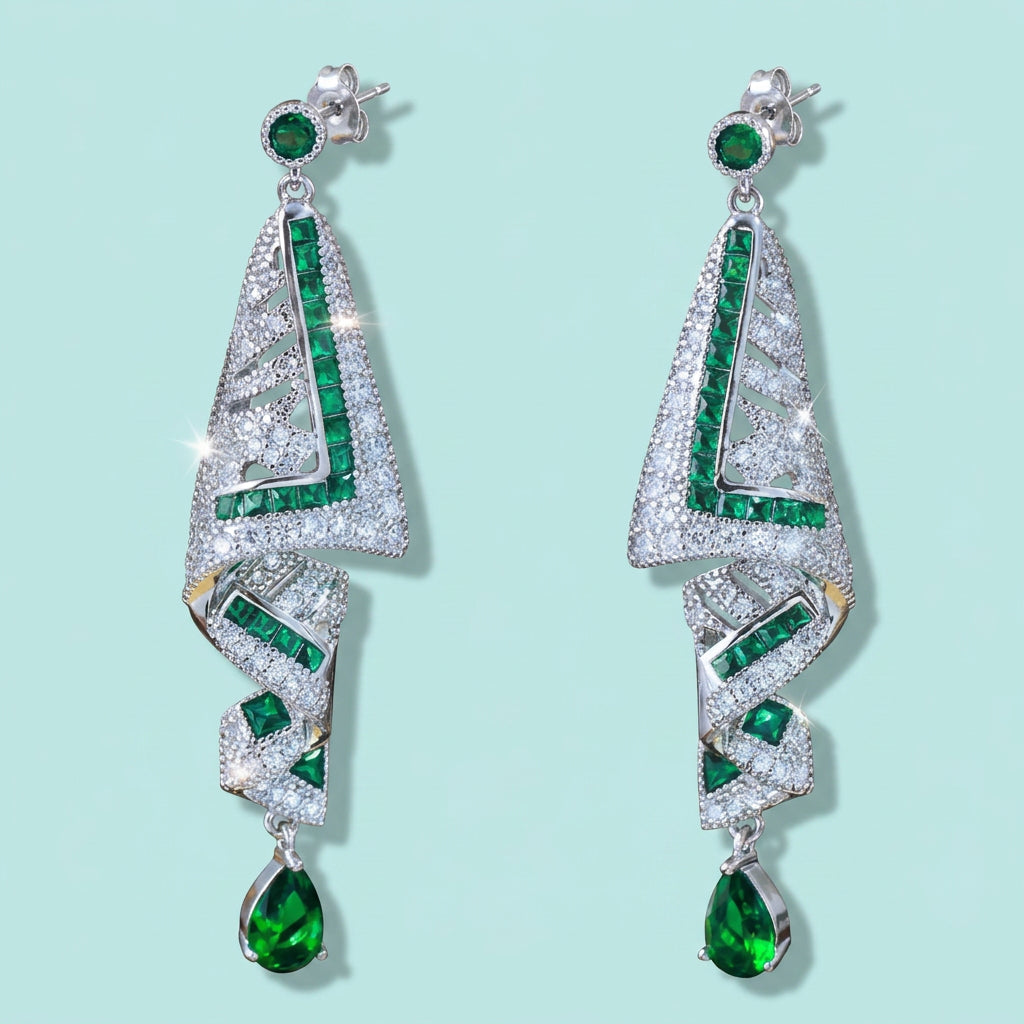 Green Cubic Zirconia Luxury Long Dangle Earrings