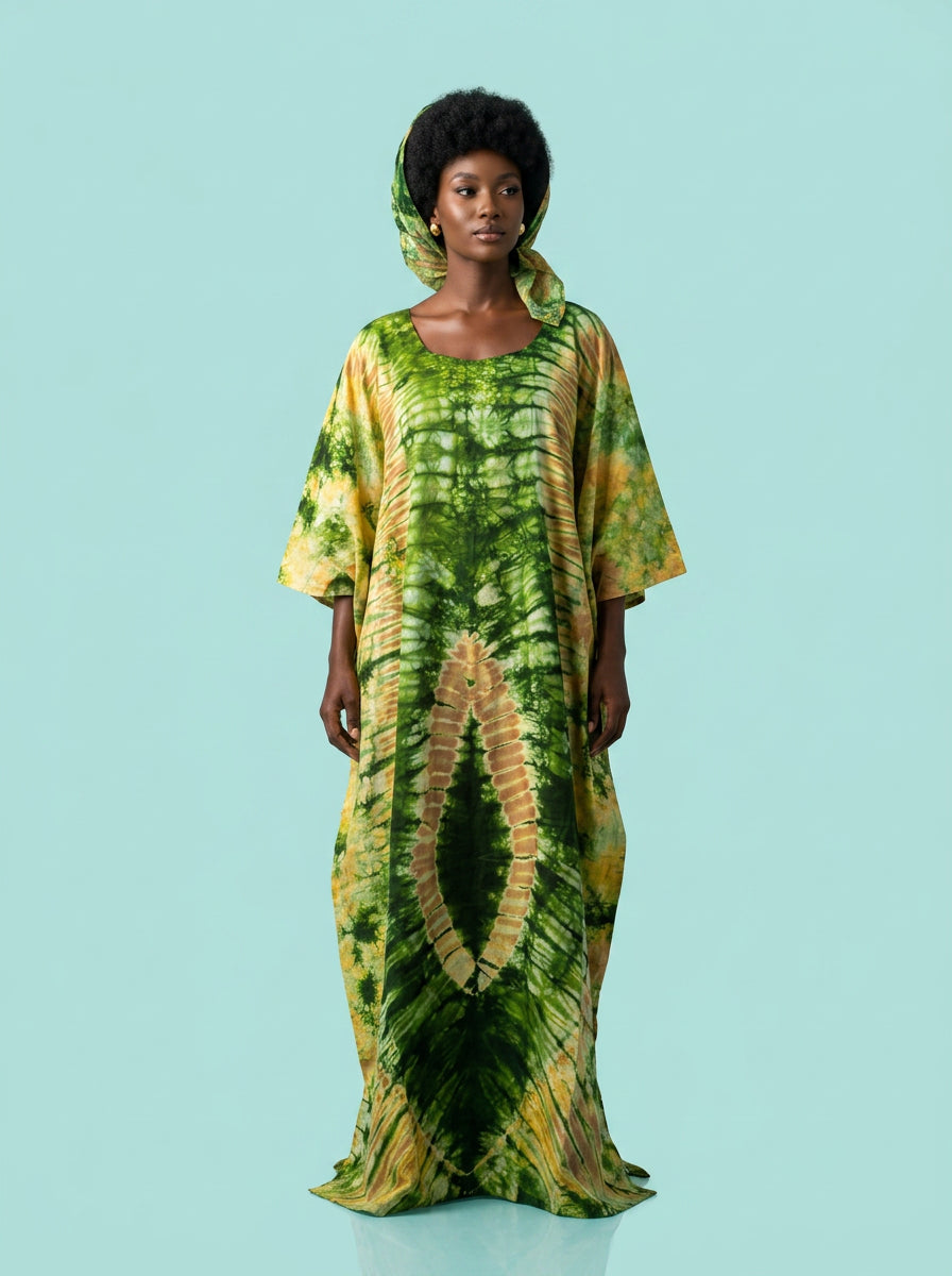Emerald Forest Tie-Dye Bubu Gown with Scarf on model