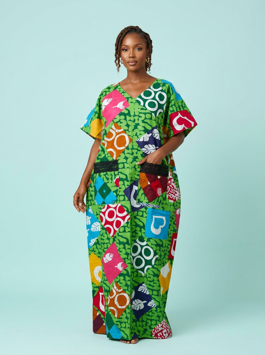 Emerald Kaleidoscope Patchwork Bubu Gown on model