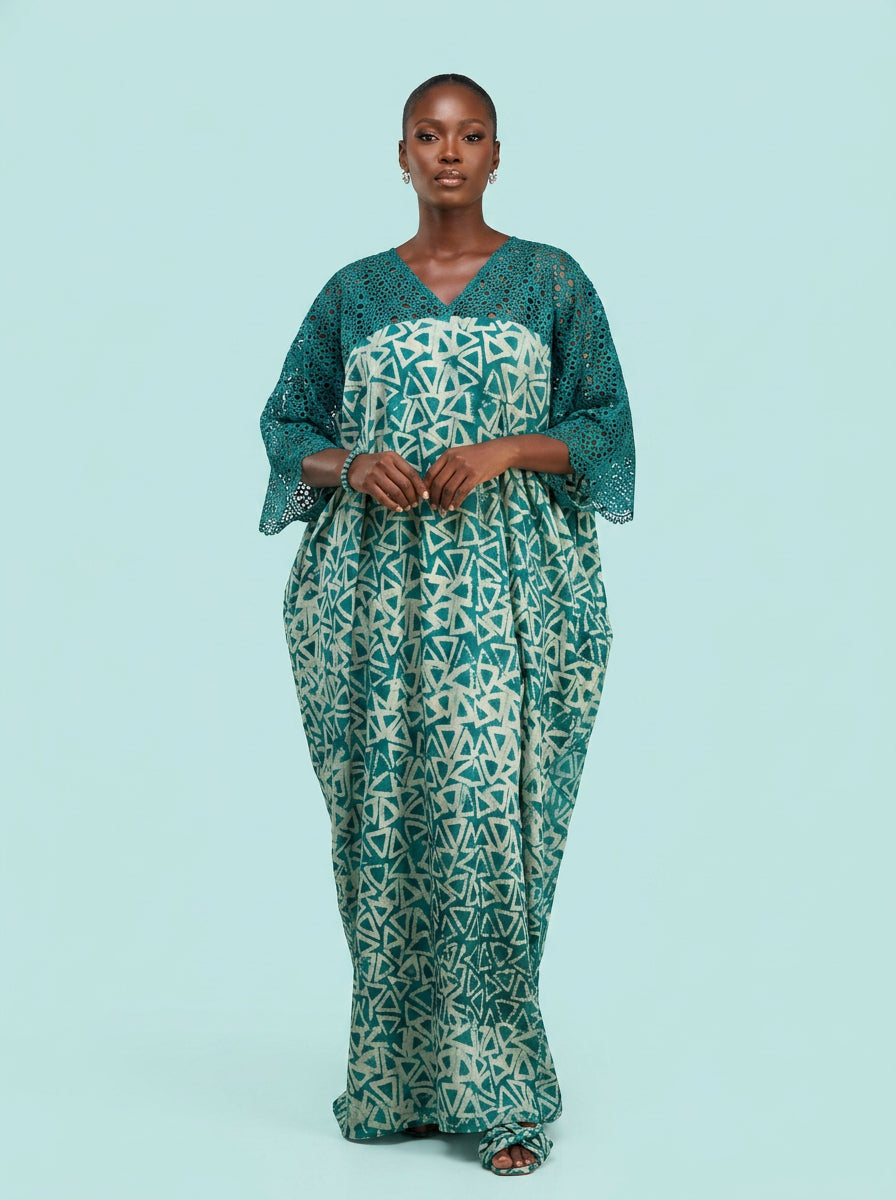 Emerald Triangle Adire Lace Bubu Gown on model