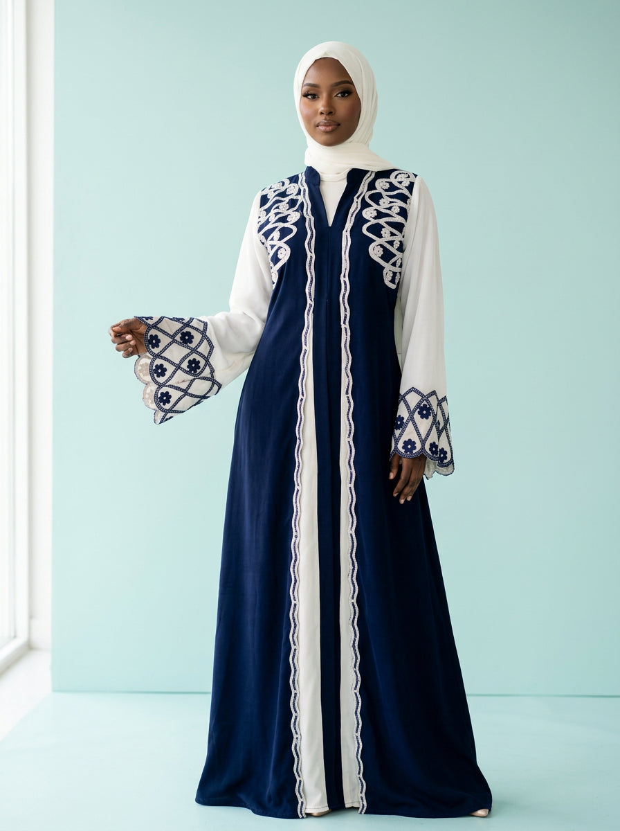 Fatima Sapphire Ivory Abaya on model