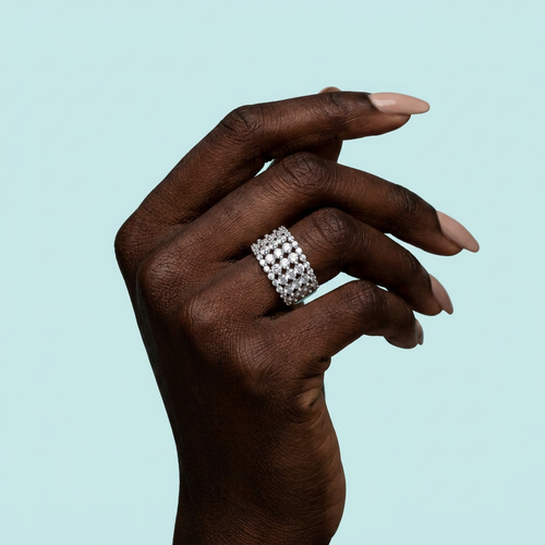 African model wearing 5 layer cubic zirconia ring