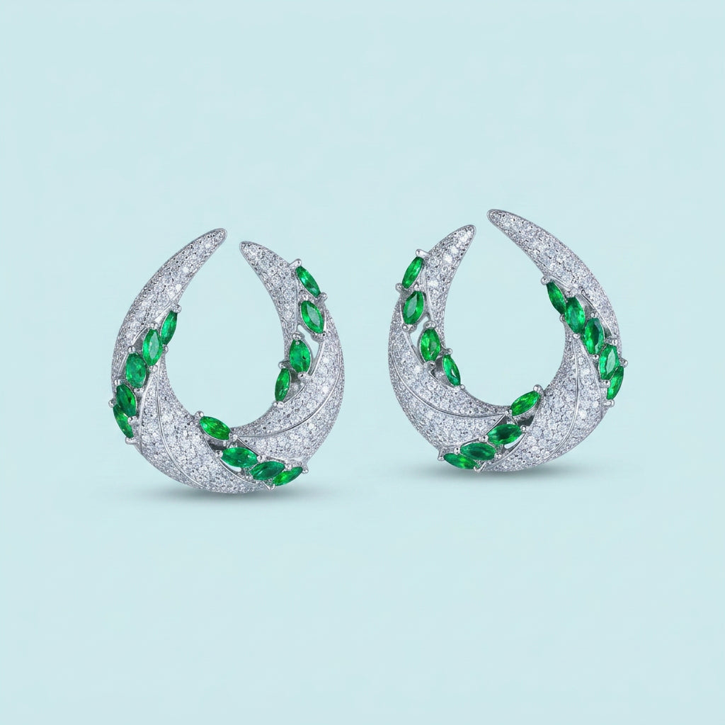 Green CZ Crescent Drop Earrings
