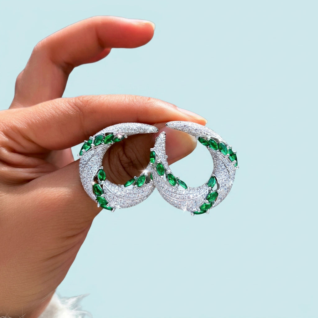 Green CZ Crescent Drop Earrings detail