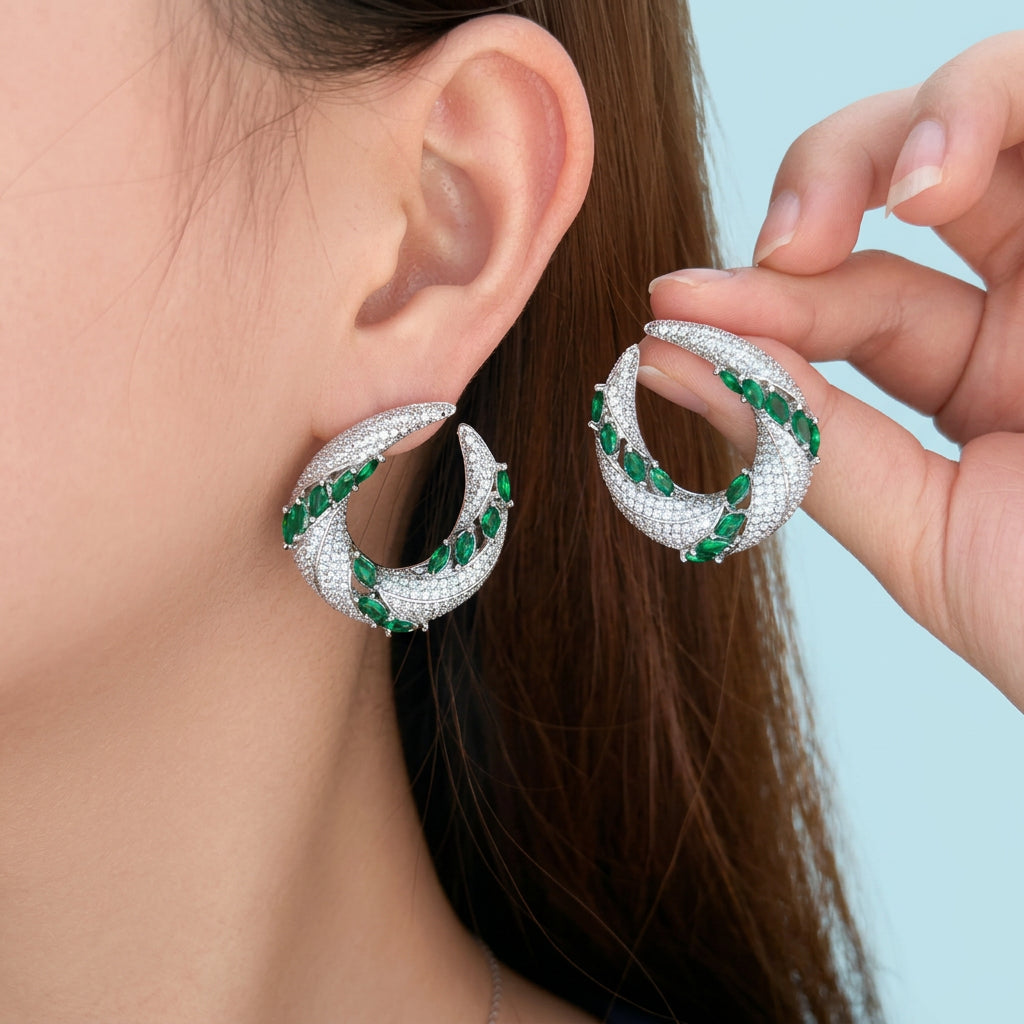 Green CZ Crescent Drop Earrings worn