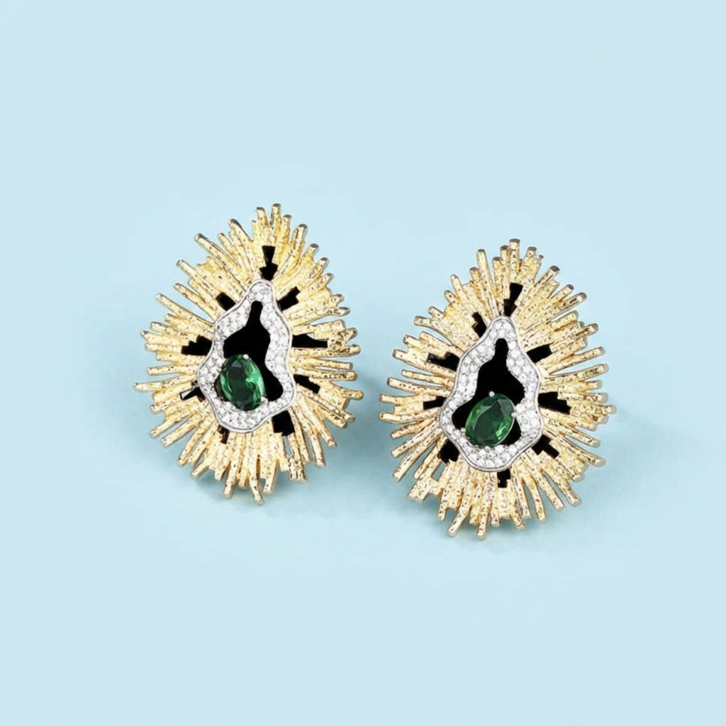 Green CZ flower stud earrings