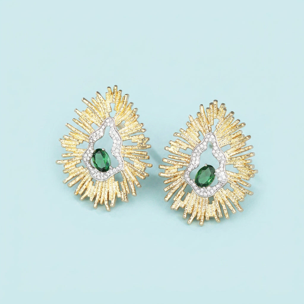 Green CZ flower studs front view