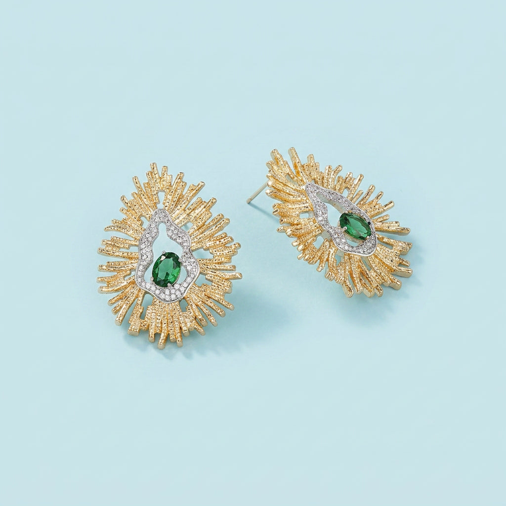 Green CZ flower studs angled view