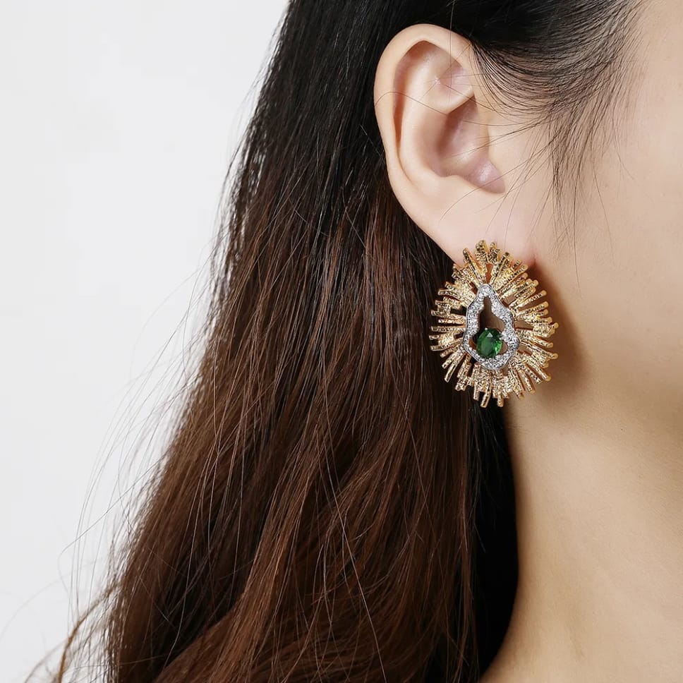 Green CZ flower stud earring detail