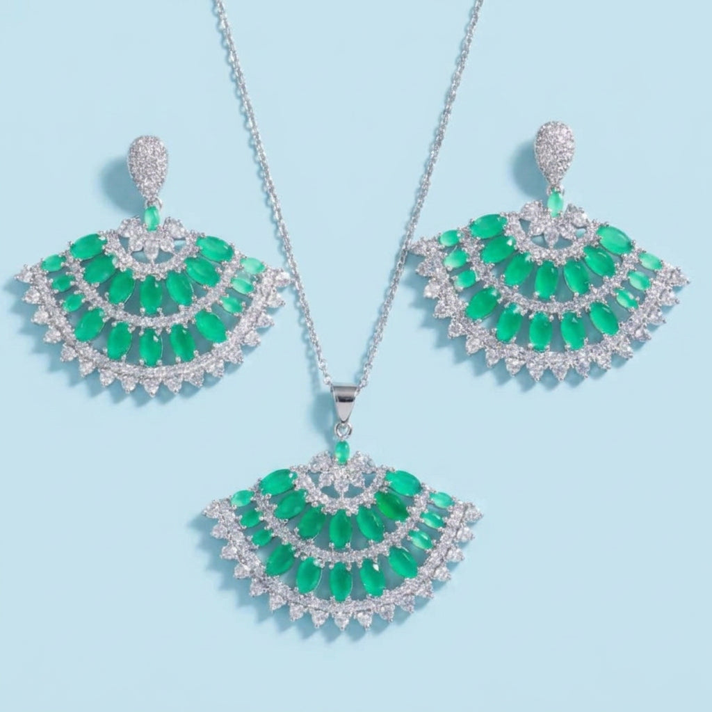 Green cubic zirconia silver fan necklace and earrings set