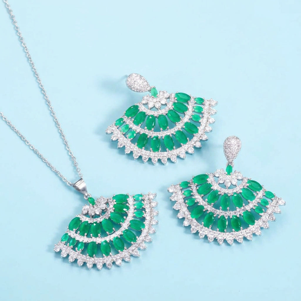 Green CZ fan necklace and earrings angled view