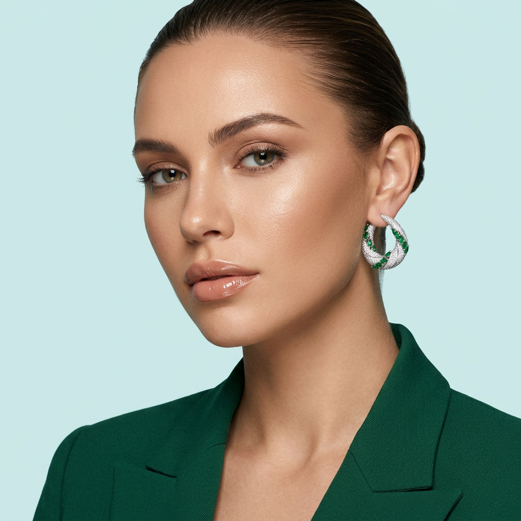 Model wearing green CZ chunky crescent drop earrings