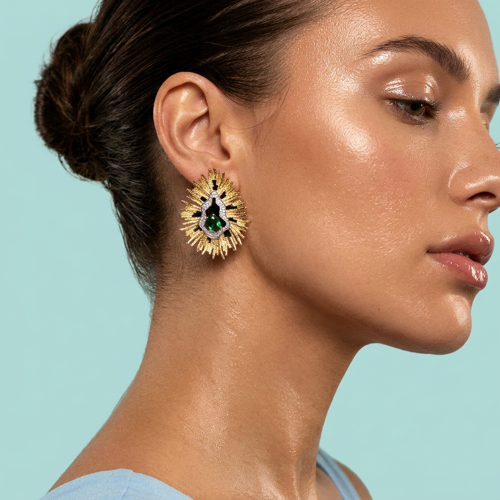 Model wearing green CZ flower stud earring