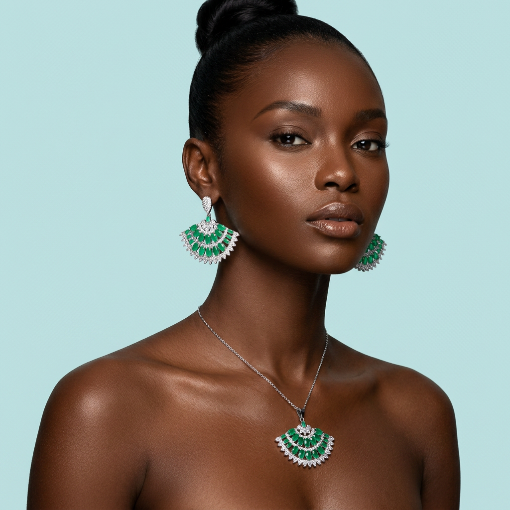 Model wearing green CZ silver fan necklace and earrings set