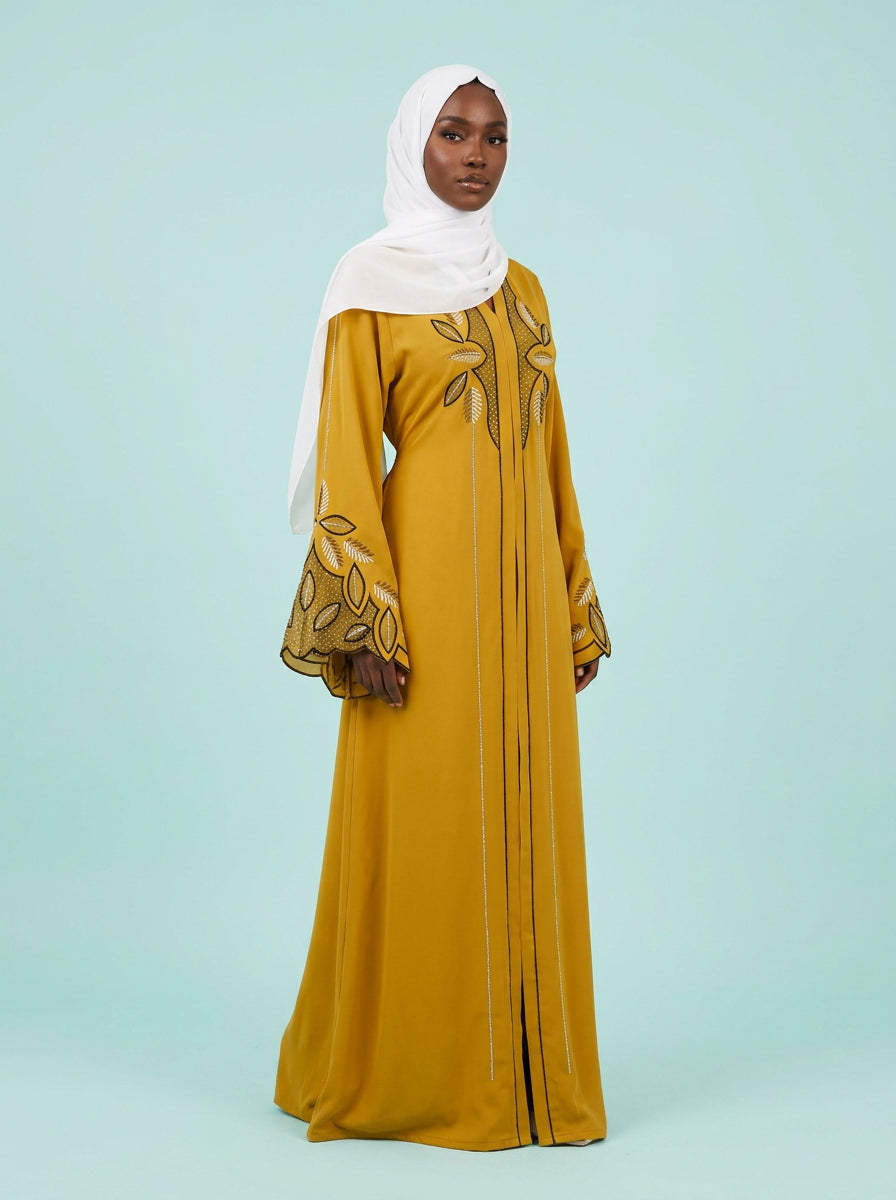 Halima Saffron Leaf Abaya on model