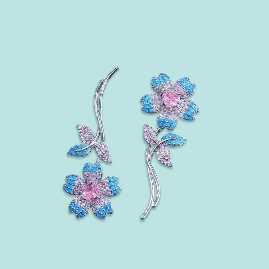 Turquoise flower pink heart CZ dangle drop earring