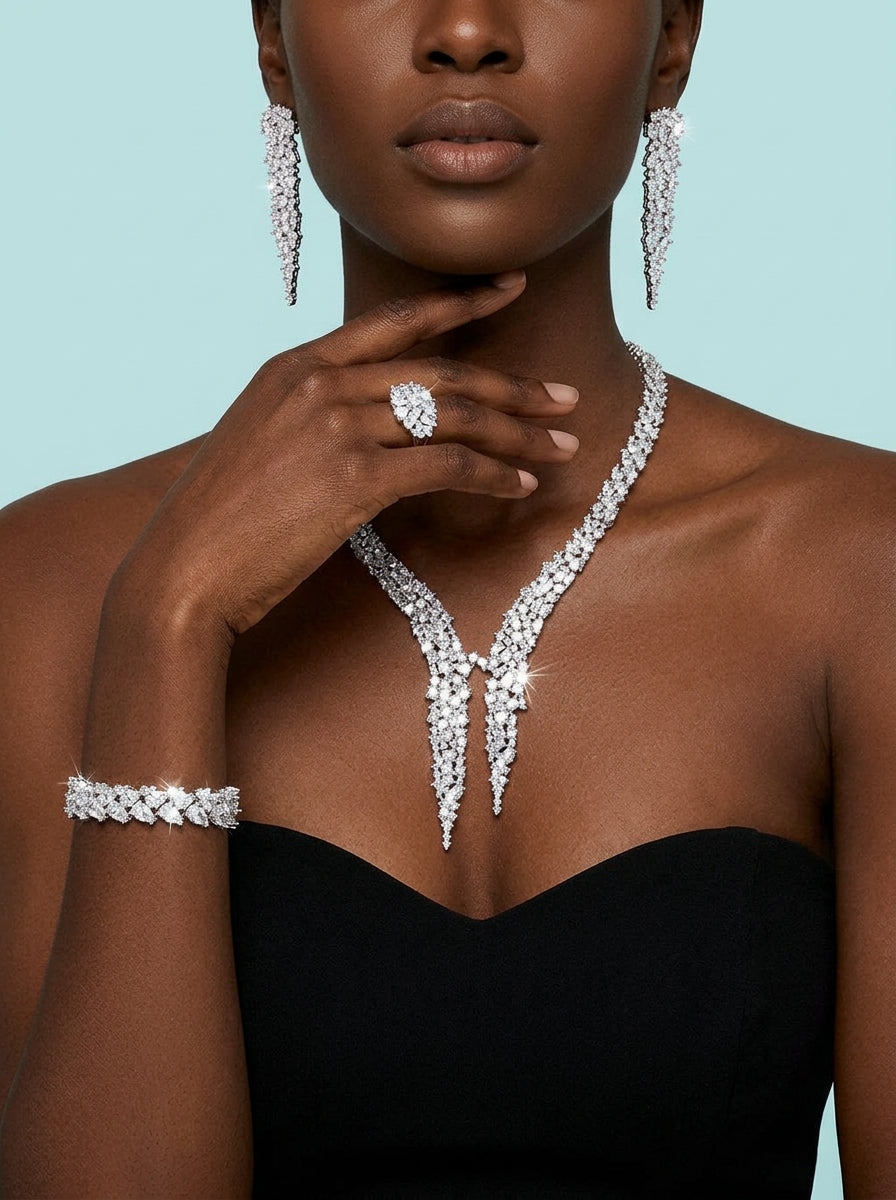 Model wearing 4Pcs Dubai Brilliant Cubic Zirconia luxury jewelry set