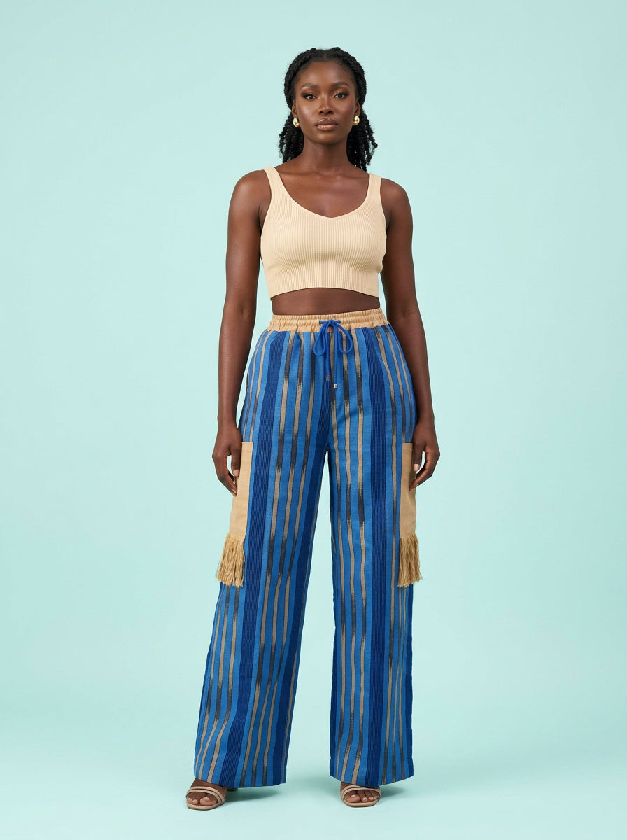 Kemi Indigo Stripe Aso Ofi Cargo Pant on model
