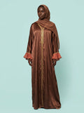 Khadija Bronze Ruffle Abaya on model