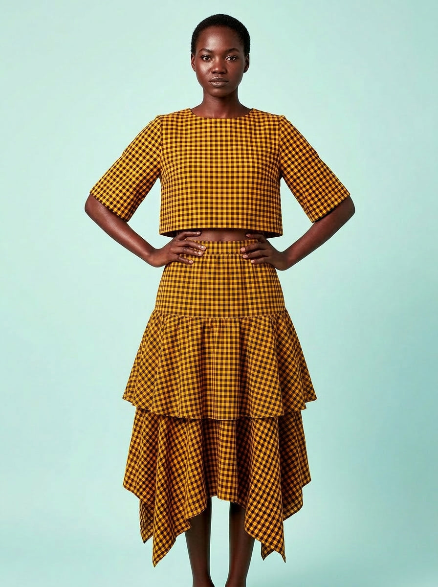 Marigold Gingham Crop Two-Piece Set on model