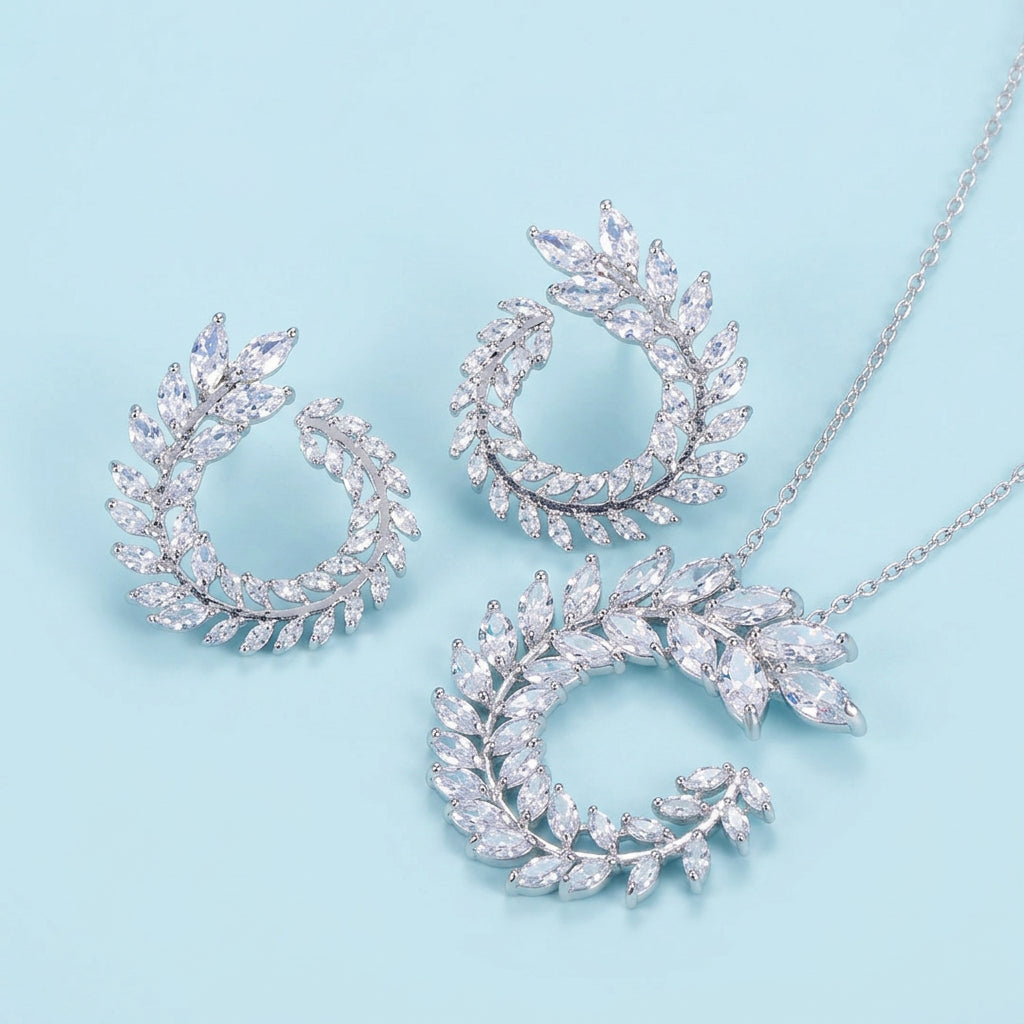 Marquise leaf CZ necklace and earring set