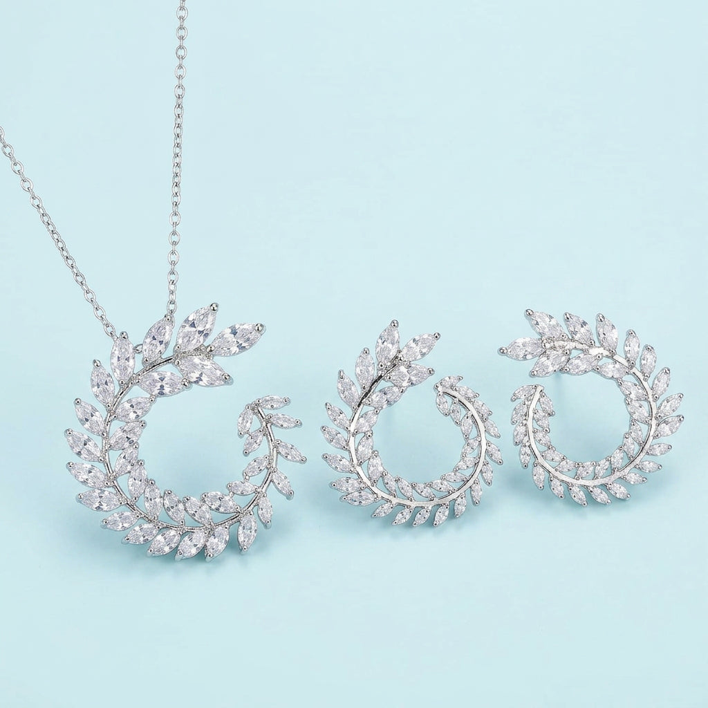 Marquise leaf CZ necklace and earring set detail
