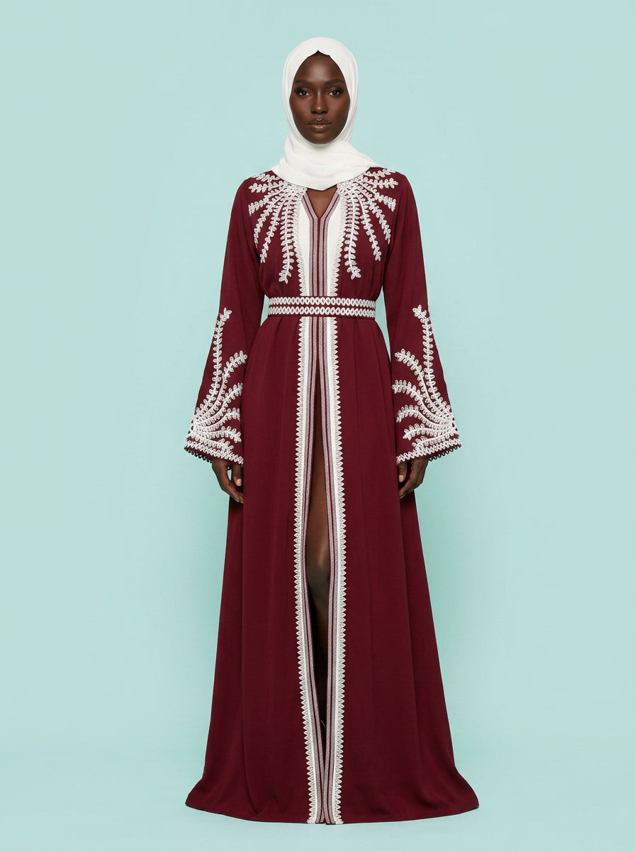 Maryam Crimson Embroidered Abaya on model