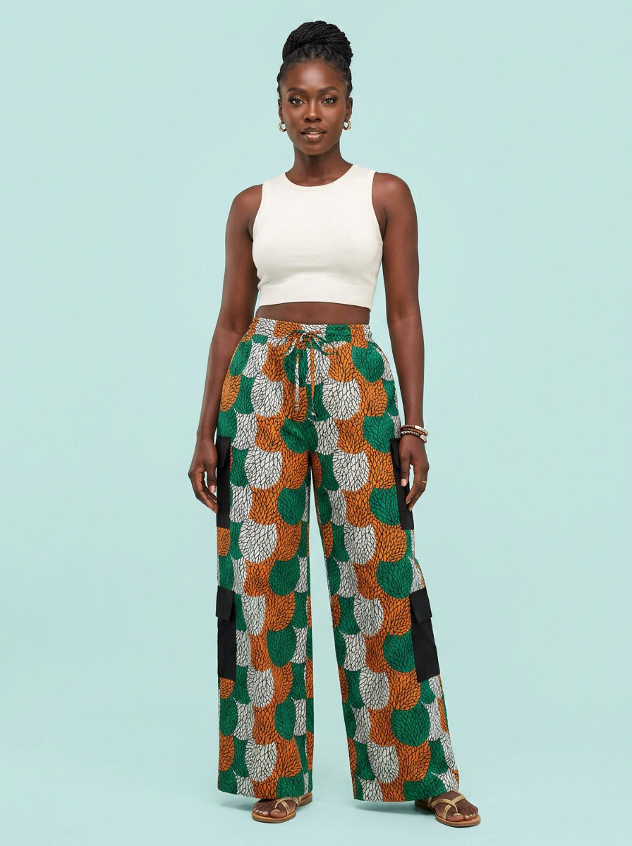 Nia Emerald Leaf Scale Ankara Cargo Pant on model