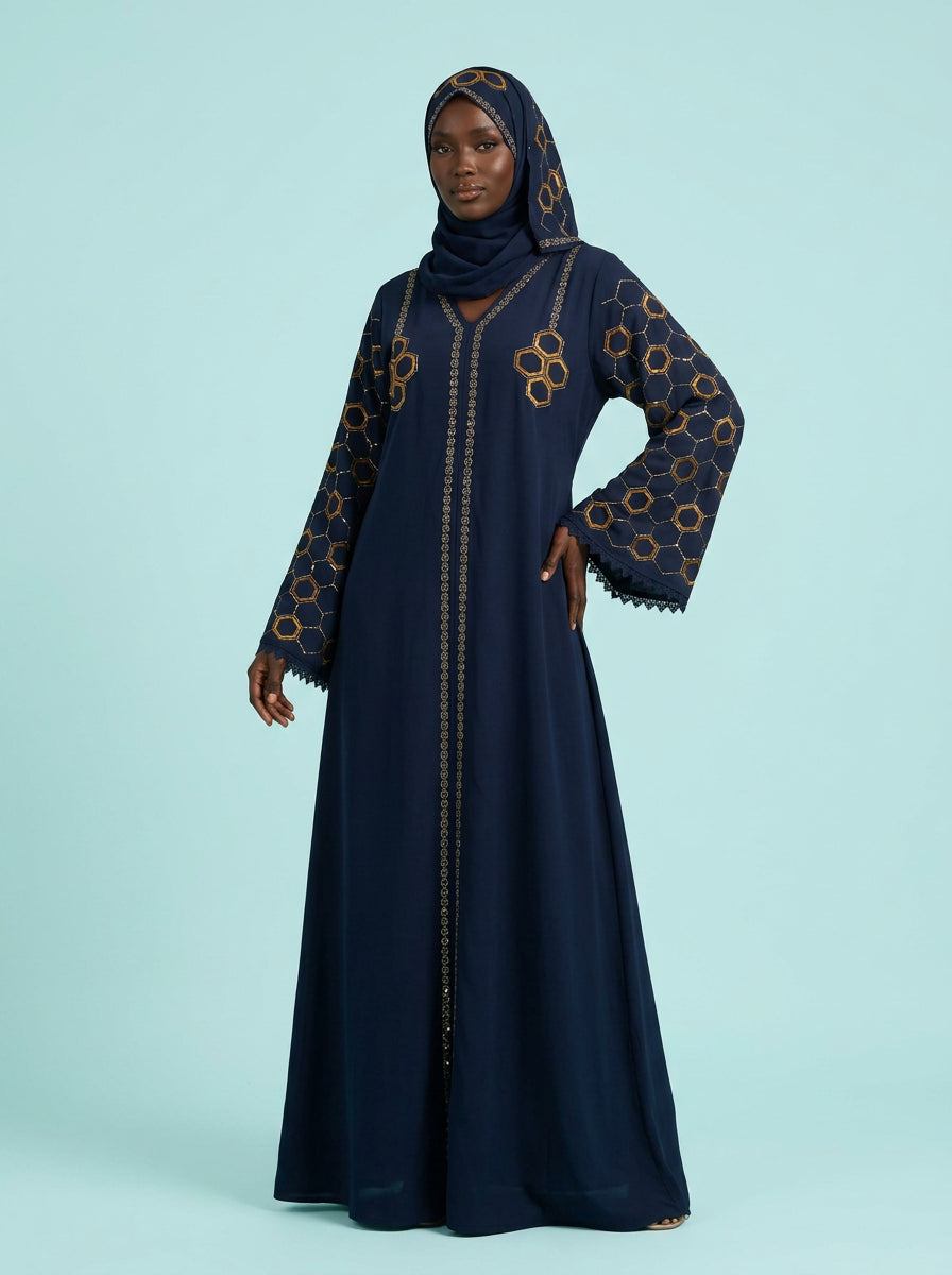 Nuraan Sapphire Honeycomb Abaya on model