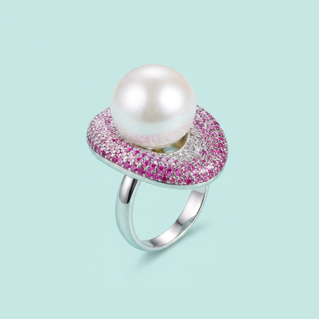 Pink pavé pearl statement ring