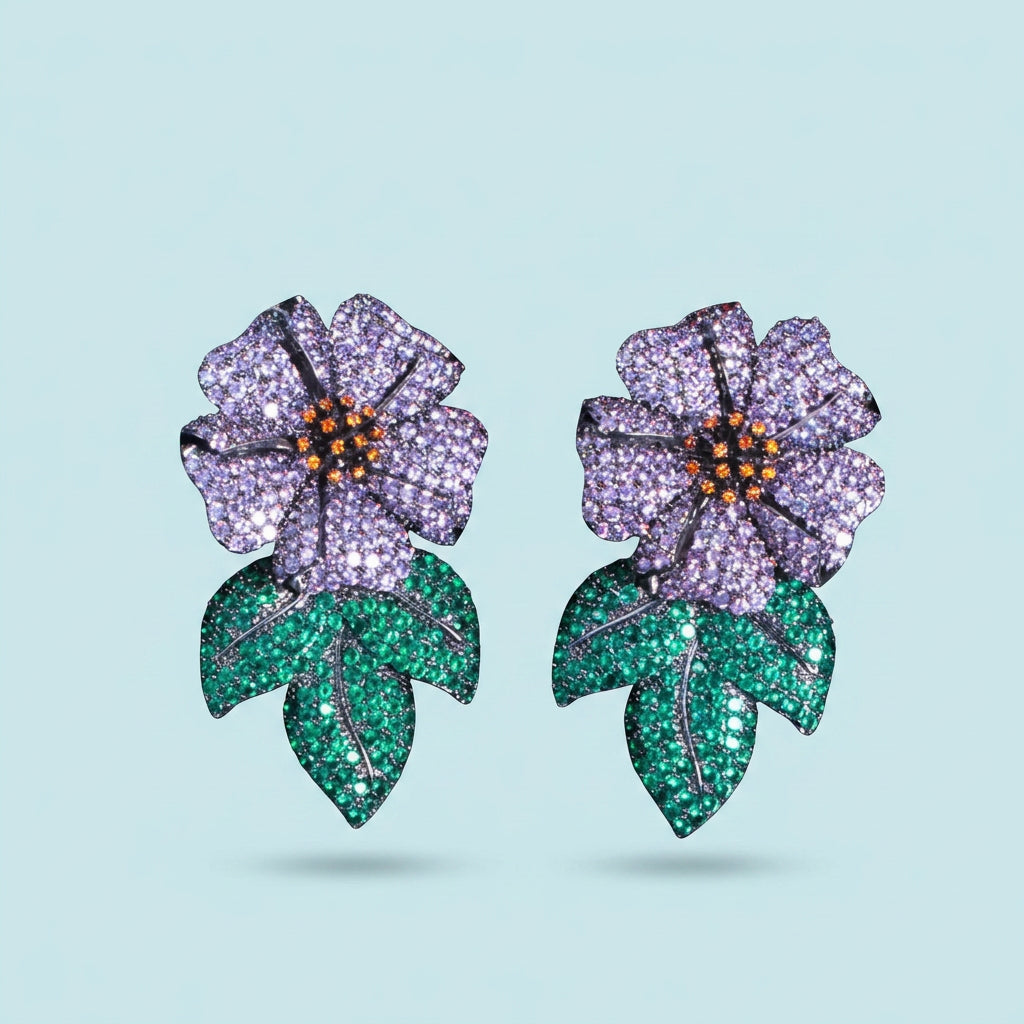Purple flower green leaf CZ statement earrings